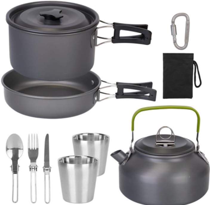 12Pcs Camping Cookware Set Camping Stove Aluminum Pot Pans Kit for Hiking Picnic Outdoor with Cup Fork Spoon Knife