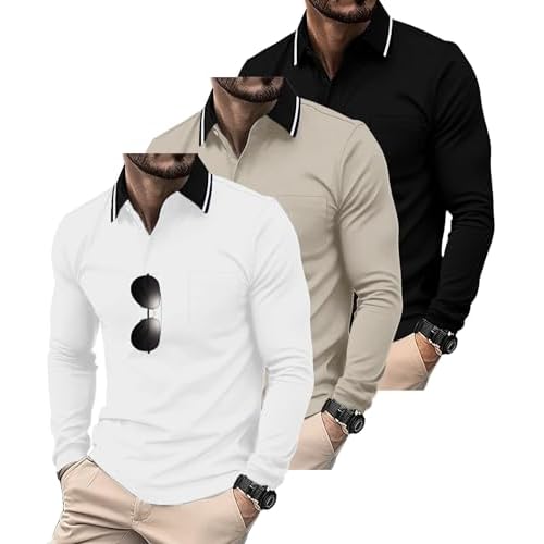 ZITY 3 Pack Men Polo Shirts Long Sleeve with Pocket Golf Shirts Shirts for Men Casual Work Athletic Collared T-Shirts Black Lightkhaki White Large