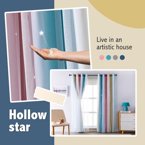 Image of indistar Kids Curtains for Girls Bedroom Aesthetic Decor Colorful Double Layer Star Cut Out Stripe Pink Rainbow Window Wall Home Decoration Curtain,1 Panel(Green /Pink W52 x L72 inch)