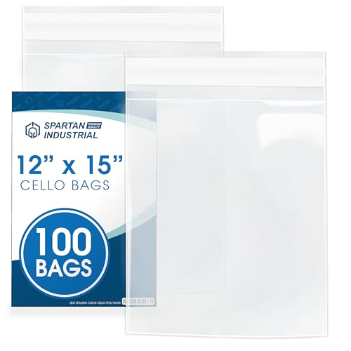 Spartan Industrial - 12" X 15" (100 Count) Crystal Clear Resealable Cello Poly Bags for Packaging, Clothing & T Shirts - Self Seal & Reinforced