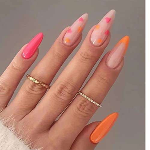 Sinhot French Tip Round Press On Naills Medium Fake Nails Heart Glue On Nails Orange Glossy False Nails Full Cover Oval Acrylic Nails For Women & Girls 24Pcs #TOP26