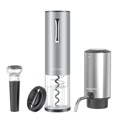 WIWONEY Sacacorchos Eléctrico, Juego 4 en 1 con Abridor de Vino Recargable, Decantador Aireador de Vino Electrico, Cortacápsulas y Tapón de Vino al Vacío, Regalos para los Amantes del Vino, Plata