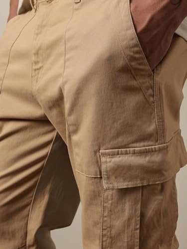 Image of Vogaan Men Solid Relaxed Fit Cotton Blend Cargo Trousers with Utility Pocket