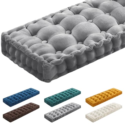 Geelin 48x18 Inch Bench Cushions for Indoor Furniture Chenille Velvet Gray Button Tufted Thicken Window Seat Pad Mat with Memory Foam Non Slip Long Floor Pillow for Entryway Dining Sofa Breakfast Nook