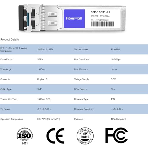Image of SFP+ 10G LR Optical Transceiver Module Compatible with HPE ProCurve J9151A HPE Aruba J9151D J9151E J9151ECM 10GBASE-LR SFP+ 1310nm 10km DDM Duplex LC SMF 4 Pack