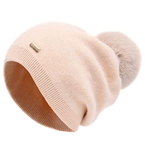 jaxmonoy Pom Pom Slouchy Beanies for Women Winter Cashmere Knit Beanie Hat with Pompom for Women Double Layer Warm Wool Hats and Caps - Beige