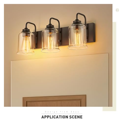 Image of zeyu 20.5 Inch 3-Light Bathroom Vanity Light Fixtures, Farmhouse Light Over Mirror with Clear Glass Shades, Oil Rubbed Bronze E26 Wall Sconce, ZSL72B-3W ORB