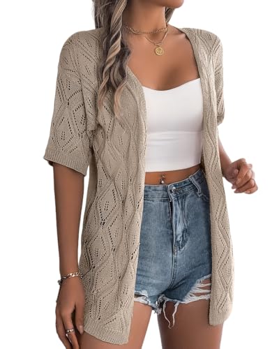 Sulozom Crochet Summer Cardigans for Women Lightweight Short Sleeve Open Front Kimono Boho Beach Vacation Clothes