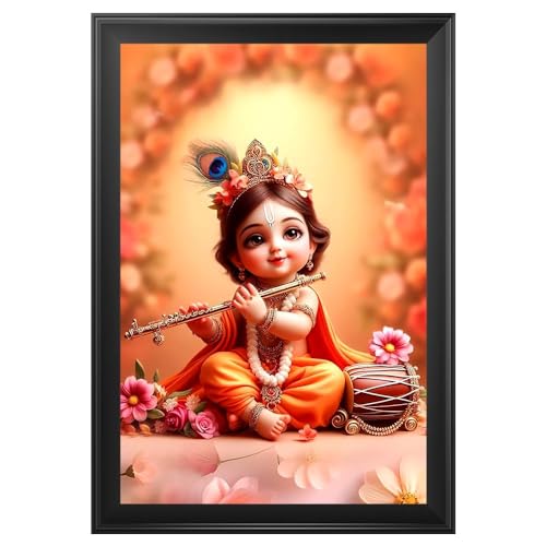 Peinture murale Krishna Bal Gopal encadrée décoration bleu clair 25x38 cm