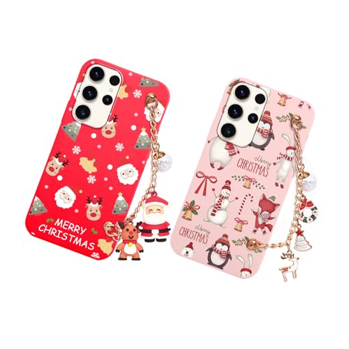 Vauki Christmas Case for Samsung Galaxy S22 Ultra 5G with Mobile Phone Chain, Pack of 2, Red Soft Silicone Shockproof Case with Strap and Pattern Sweet, Christmas Gifts for Women, Protective Case,