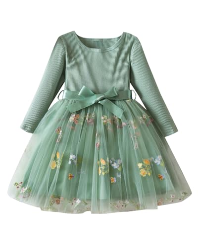 JiAmy Mädchenkleider Langarm Rippstrick Tüllkleider Fliegende...