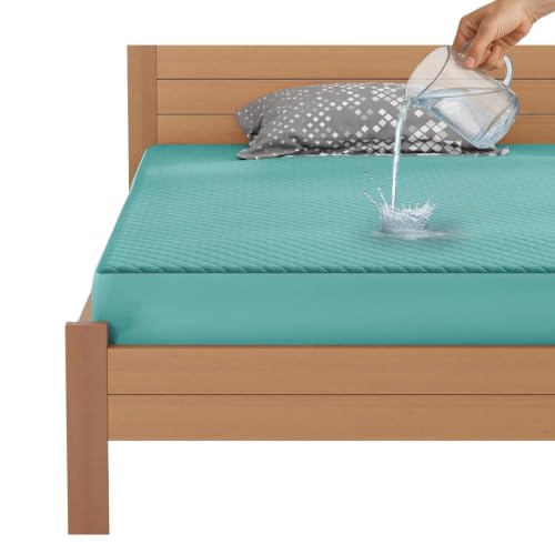 Image of Lukzer 100% Waterproof Quilted Mattress Protector Sky Blue Double Bed 72 x 48 Inches (6 x 4 ft) Cotton-Feel Bed Protector Noiseless Hypoallergenic Breathable Elastic Fitted Mattress Cover /Bed Cover