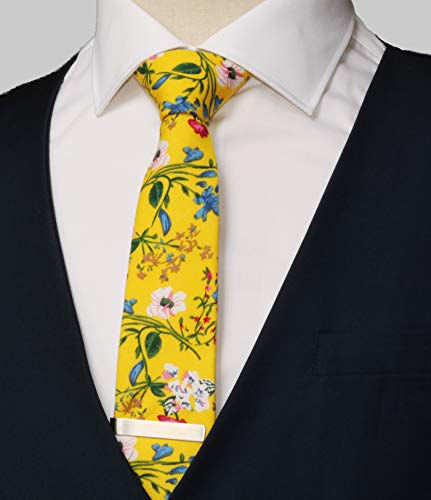 Image of Men's Skinny Tie Floral Cotton Necktie and Tie Bar Clip Sets, Great for Weddings,Groom,Groomsmen