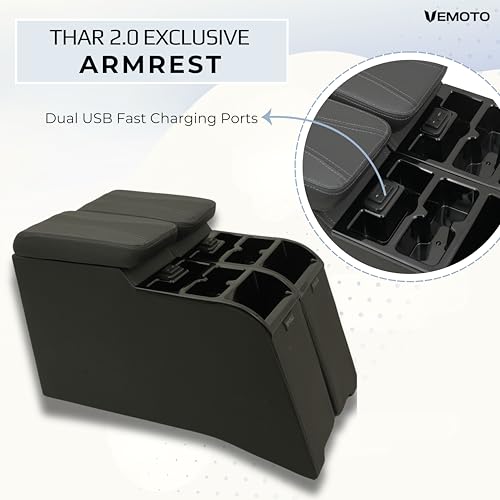 Image of VEMOTO Exclusive Armrests for Mahindra THAR With USB and C-Type PD Charging Ports & Mobile + Bottle Holders (THAR 2.0 EXCLUSIVE, Only REAR Armrest).