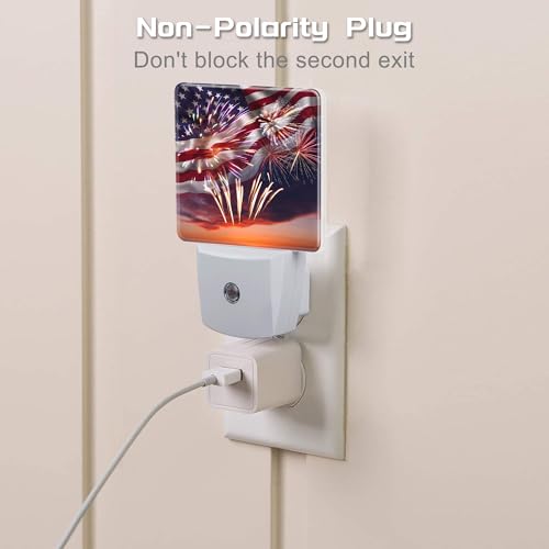 Image of America Flag with Fireworks Night Light Plug into Wall,Retro The USA Flag Patriotic Dusk to Dawn Night Light,0.5w Energy Saving Sleep Friendly Nightlights for Kids Boys Girls Home