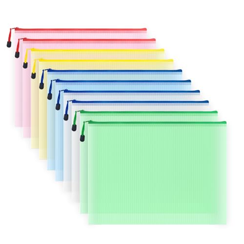AUSTARK 10 Pcs Zipper File Bags, Waterproof Plastic Mesh Pouch for Office School, Board Game Storage Bags (B4 Size 15''x11'', Multicolored)