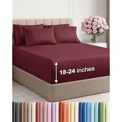 Extra Deep King Sheet Set - 6 Piece Breathable & Cooling Sheets - Burgundy