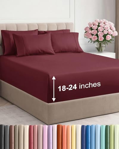 Extra Deep Queen Sheet Set - 6 Piece Breathable & Cooling Sheets - Burgundy