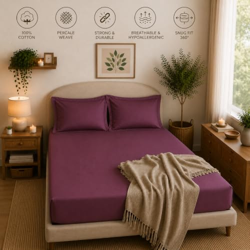 Image of Linen Home Cotton Percale Fitted Bedsheet Set King Size Damson Berry