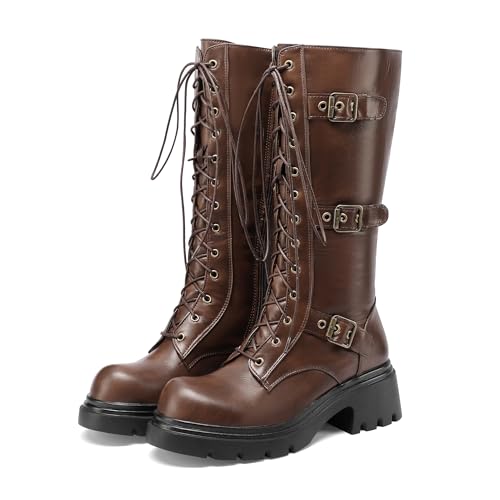 BEAUPAS Women's Combat Boots Knee High Platform Boots with Buckles Lace-Up Gothic Chunky