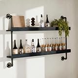 Anynice Industrial Wine Rack Wall Mounted, Solid Wood Shelf with Metal Pipe Brackets, 2-Tier Rustic Hanging Organizer for Wine Bottle Storage in Kitchen, Bar, Pub, Cellar(Black, 48 Inch)