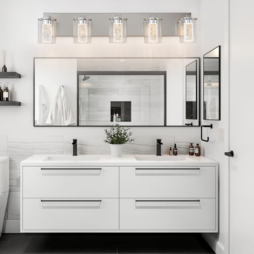Image of SineRise Bathroom Vanity Light with 3 Color Modes (3000K /4000K /6000K), Eye Protection LED Bathroom Light Fixture, Dimmable Modern Wall Light Over Mirror with Clear Glass Shade (Nickel, 5-Light)