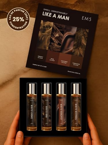 Image of EM5 Set of 4 Long-Lasting Perfumes for Men | Smoky, Oud, Leather & Tobacco Elixir | Premium Strong Manly Fragrances | Raw & Dominating Scents | Travel-Friendly Gift Set for Him | 15ml X 4 Pcs