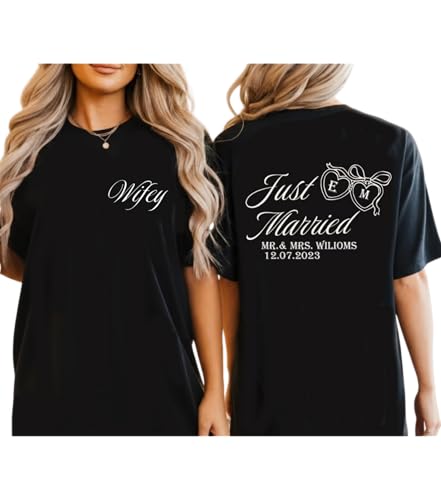 Just Married Shirts for Couples Personalized Hubby and Wifey Tee Custom Mr and Mrs Wedding Date Gift Honeymoon Matching Multi