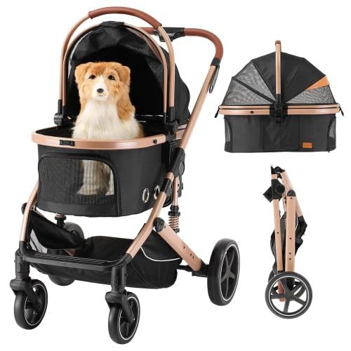 4 in 1 Pet Stroller Folding Lightweight Cat & Dog Stroller with Detachable Carrier NO-Zip 180° Reversible Canopy All Terrain 4-Wheel 45 lbs Capacity for Small to Medium Dogs