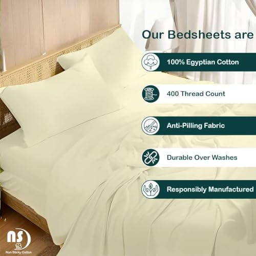 Image of NON Sticky cotton Premium 4 Piece Egyptian Cotton Fitted Full XL Sheet Set, Hotel Quality Soft Breathable Bedding Sheets, 15 inch Deep Pocket, 54 inch X 80 inch, Ivory Solid