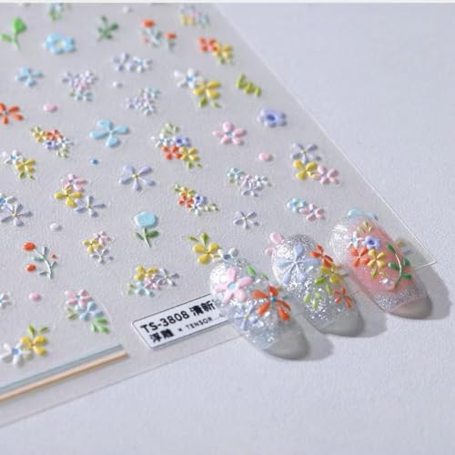 Image of Flower Nail Stickers Colorful Nail Decals for Nail Art Design 5D Embossed Self Adhesive Nail Art Stickers Charm Floral Supplies Accessories for Women Nails Manicure Decoration