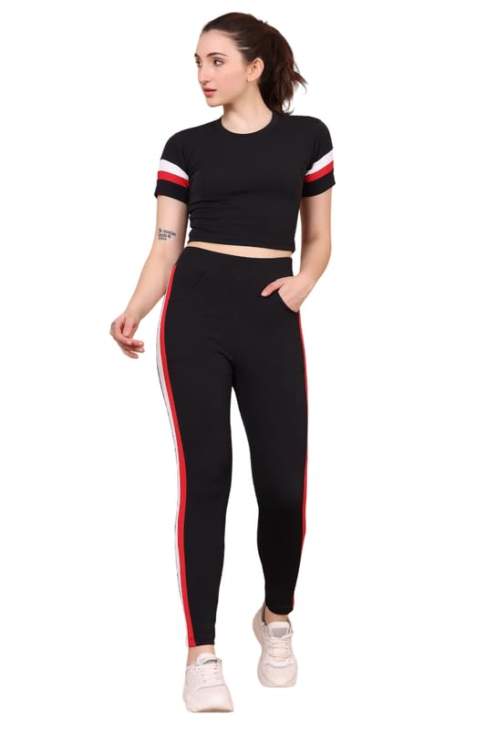Women's Solid Stripes Track Suit Top & Leggings Pants Yoga | Joggers, Gym, Active Lower Wear Outfit Set For Girls and Women's-image-37