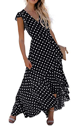 GRECERELLE Women's Summer Floral Print Cross V Neck Dress Bohemian Flowy Long Maxi Dresses PD-Black-M