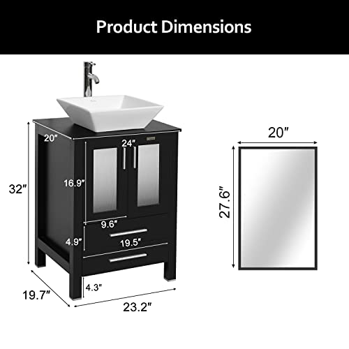 Eclife 24" Modern Bathroom Vanity Sink Combo Units Cabinet And Sink Stand Pedestal With White Square Ceramic Vessel Sink With Chrome Bathroom Solid Brass Faucet And Pop Up Drain Combo (A07B02) #TOP2