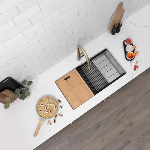 Image of Stylish 28 x 18 Inch Composite Granite Workstation Kitchen Sink, Single Bowl Under Mount & Drop in, 9.5 in Deep, with Bamboo Cutting Board, Roll-Up Drying Rack, Colander & Strainer, White, S-828WH