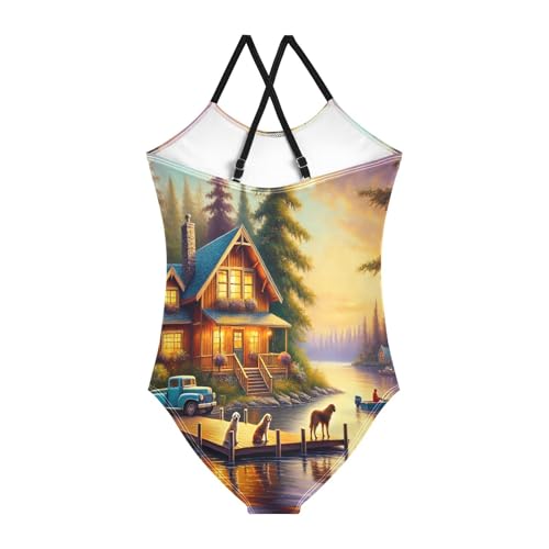 Wooden House Lake Swimsuit for Girls Bathing Suit Summer Beach One Piece Swimsuits Swimwear2