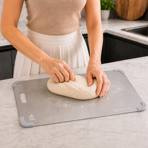 Image of Premium Stainless Steel Chopping Board 41.3x25cm Luxury Kitchen Gift, Mirror-Polished Heavy-Gauge Steel Chopping Board with Anti-Slip Silicon Corners for Housewarming and Weddings
