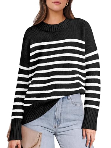 ANRABESS Women Fall Fashion Sweaters Striped Long Sleeve Crewneck Loose Fit Cozy Knit Trendy Pullover Sweater Tops