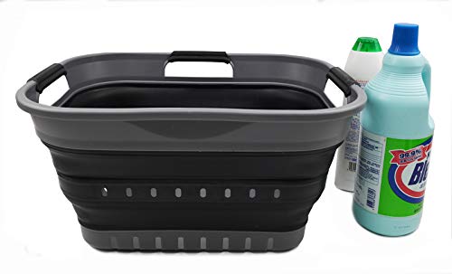 SAMMART 19L (5 gallon) Collapsible Super Mini 3 Handled Plastic Laundry Basket - Foldable Pop Up Storage Container/Organizer - Space Saving Hamper/Basket, (1, Grey/Black)