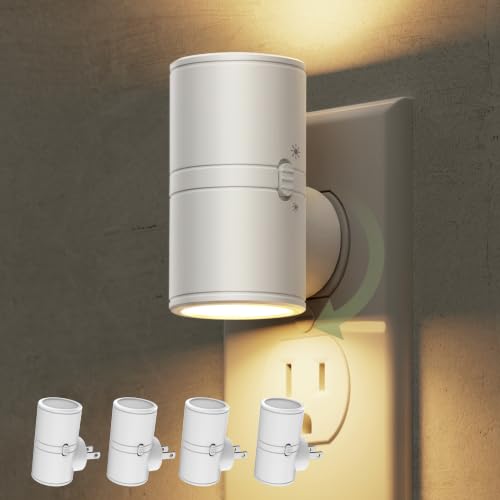 Image of L LOHAS LED Night Light, Soft White 3000K, Light Sensor, White Shade,4 Pack | 50 /100LM Dimmable, Plug into Wall, Rotating Nightlight Plug in Wall, Adults Kids Hallway Bedroom Bathroom Stairway Kitchen