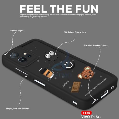 Image of AESTMO Back Case Cover for Vivo T1 5G / Y75 5G / iQOO Z6 5G Cover | Cute Fun Cartoon 3D Ball | Coffee Silicone Case | Full Body Protection | Camera Protection Back Cover (Black)