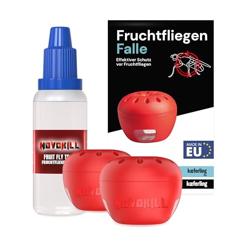 Novokill Fruchtfliegenfalle 2X Fallen + 30ml Lockstoff Wiederverwendbare Fallen 50 Tage Wirkung Obstfliegenfalle für Küche Effektiv Fruchtfliegen bekämpfen