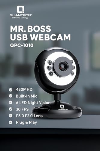 Image of MR. BOSS USB Webcam QPC-1010 ? 480P HD with Built-in Mic, 6 LED Night Vision, 30 FPS, F6.0 F2.0 Lens, Plug & Play Camera for PC, Laptop, Video Calls & Online Meetings