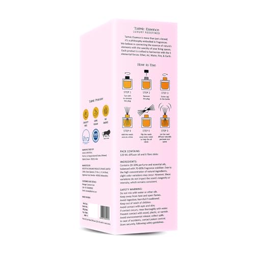 Image of Rose & Oud Reed Diffuser Set by Tattvic Essence | 6 Fiber Reed Sticks Free | Stress Relief & Aromatherapy | Long-Lasting, Smoke-Free Air Freshener for Bedroom & Bathroom | Ideal for Gifting | 120ml