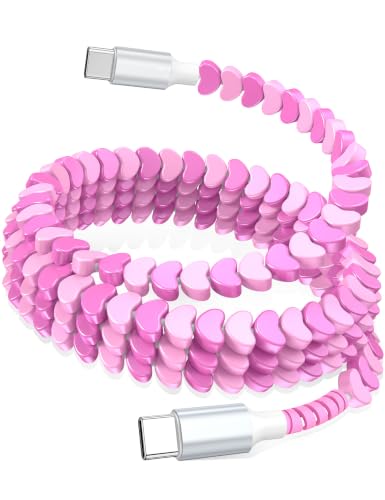 Image of USB C to USB C Cable 6FT,60W Fast Charging Beaded Charger Cord for iPhone 17 16 Pro Max 15 /iPad Pro 11th Air for Samsung S26 S25 S24 S23 A16 A17 /Android Phone Charger Cord Cute Girls Women,Pink-Hearts