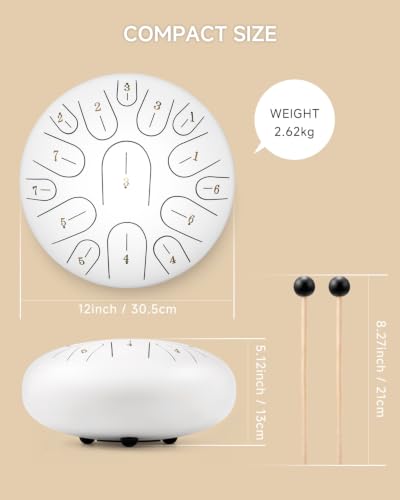 Donner Steel Tongue Drum, 12 Inches 15 Notes Handpan Drum with Mallets, Music Book and Carry Backpack, Hand Pan for Adults with Finger Picks and Note Stickers, Gift Idea with Greeting Card, White - image 4