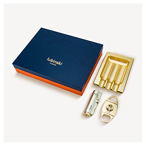 LUBINSKI Luxury Cigar Ashtray Torch Lighter and Cigar Cutter Set, 4 Jet