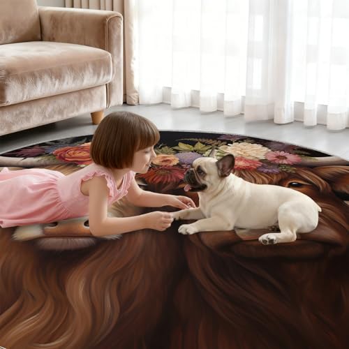 Tapis rond lavable Highland Cattle 100 cm style bohème - 6