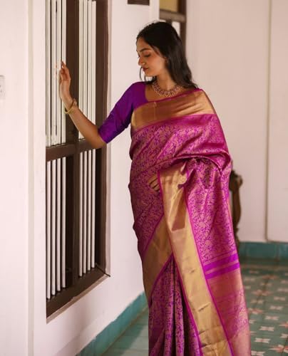 Image of Flosive Women's Kanjivaram Silk Saree With Beautiful Blouse With Zari Border