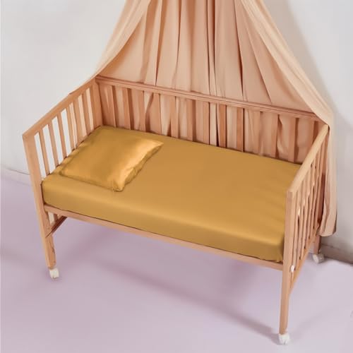 Image of PROMEED 100% Mulberry Silk Crib Fitted Sheet Set for Toddler Bed, Organic Natural 23 Momme Silk Crib Bedding 2pcs Set for Baby Boy/Girl (Gold, Crib)